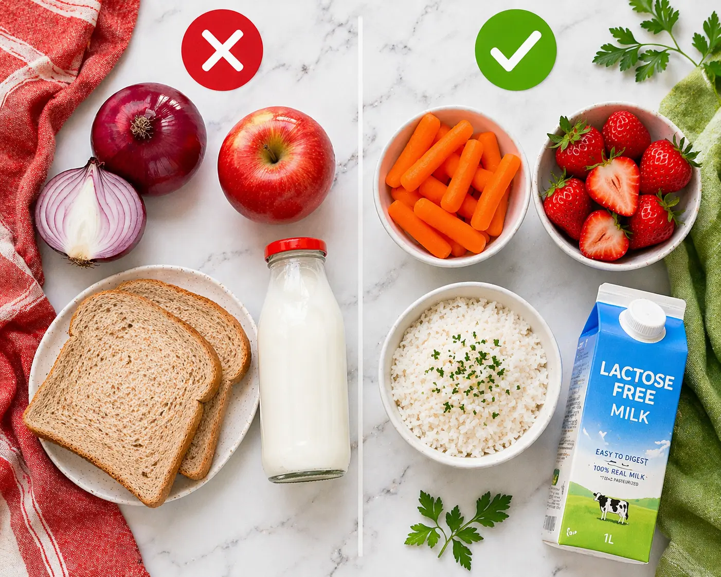 Alimente interzise și permise în colon iritabil — comparație vizuală pentru dieta FODMAP Poza 2: Legume interzise și permise în dieta FODMAP — ceapă, usturoi și ciuperci de evitat versus morcovi și ardei gras Poza 3: Citirea etichetelor alimentelor pentru identificarea FODMAP-urilor ascunse în produse procesate