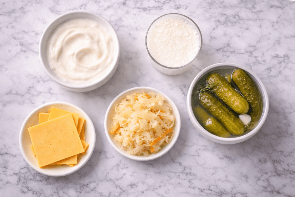 Alimente naturale cu probiotice — iaurt, 
kefir, varză murată și brânzeturi pentru flora intestinală