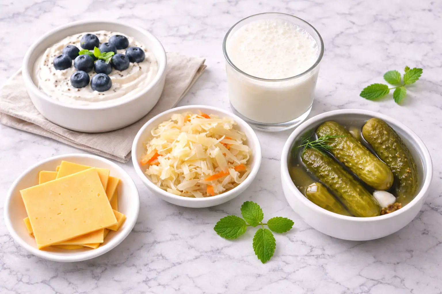 Probiotice naturale din alimente — iaurt kefir varză murată și brânzeturi matúrate surse naturale de bacterii benefice pentru flora intestinală