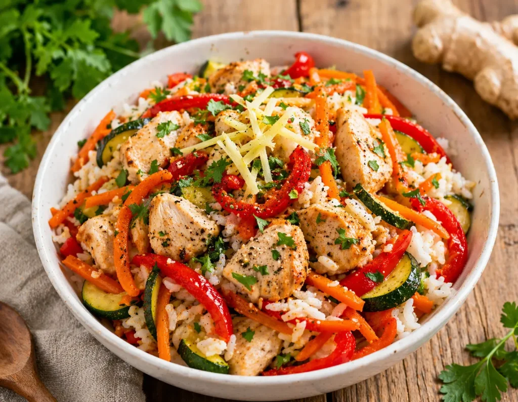 Rețetă FODMAP orez cu pui și legume — 
prânz simplu și rapid pentru persoanele cu colon iritabil