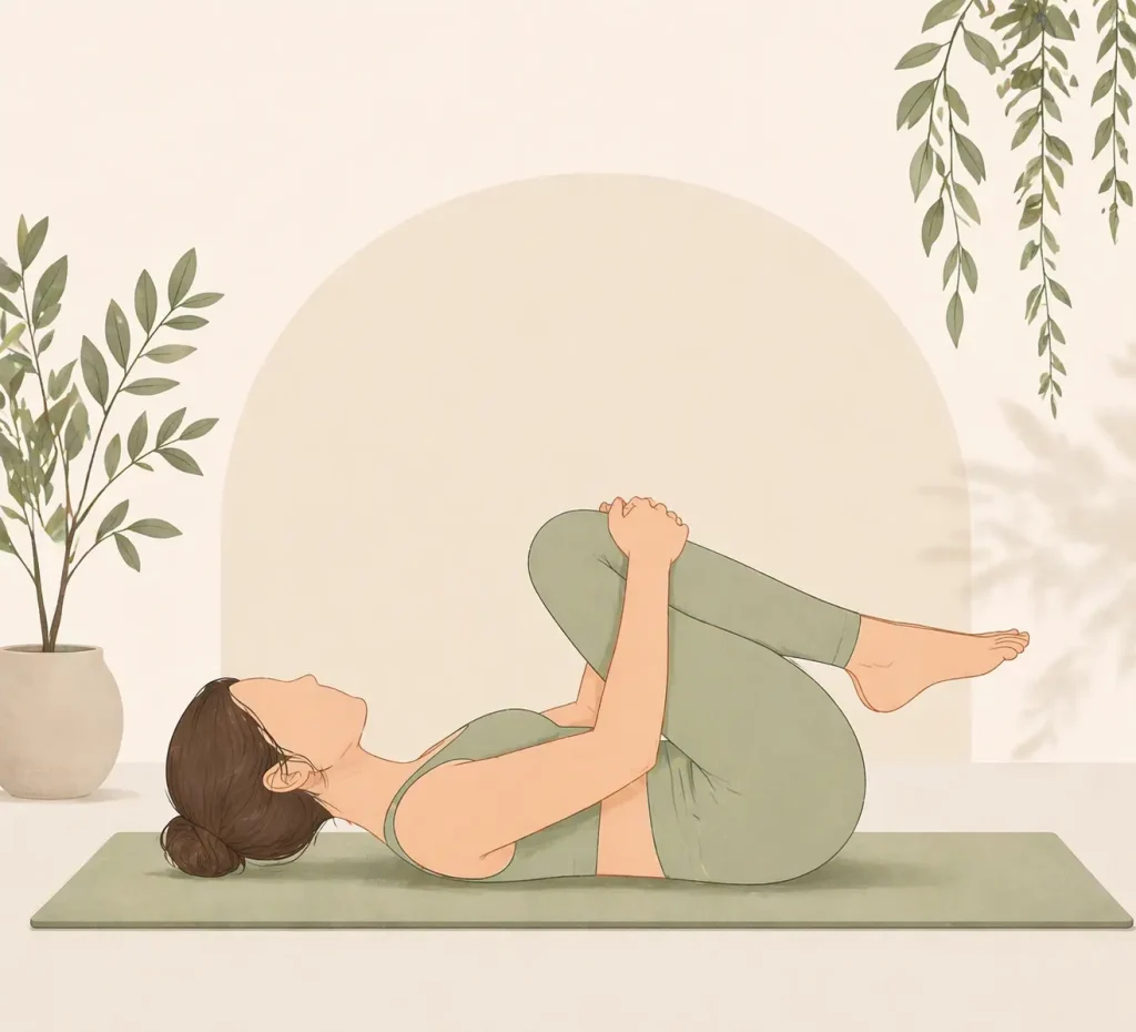 Poziție yoga Apanasana pentru stimularea tranzitului intestinal