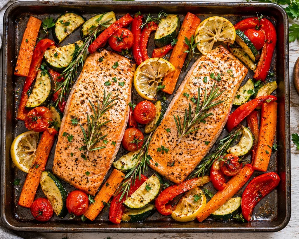 Somon la cuptor cu legume FODMAP — 
rețetă sănătoasă pentru cina persoanelor cu colon iritabil