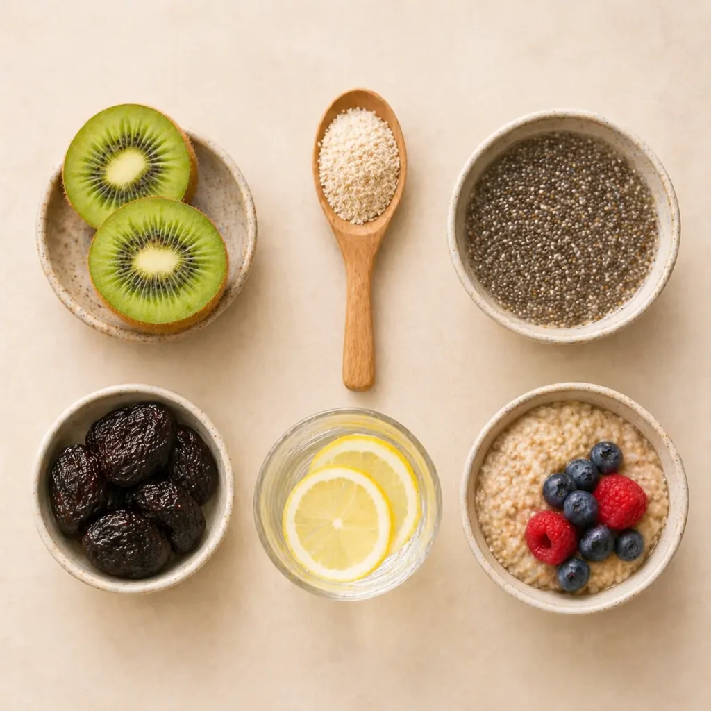 Remedii naturale pentru constipație — kiwi, psyllium, chia, prune, apă cu lămâie, ovăz