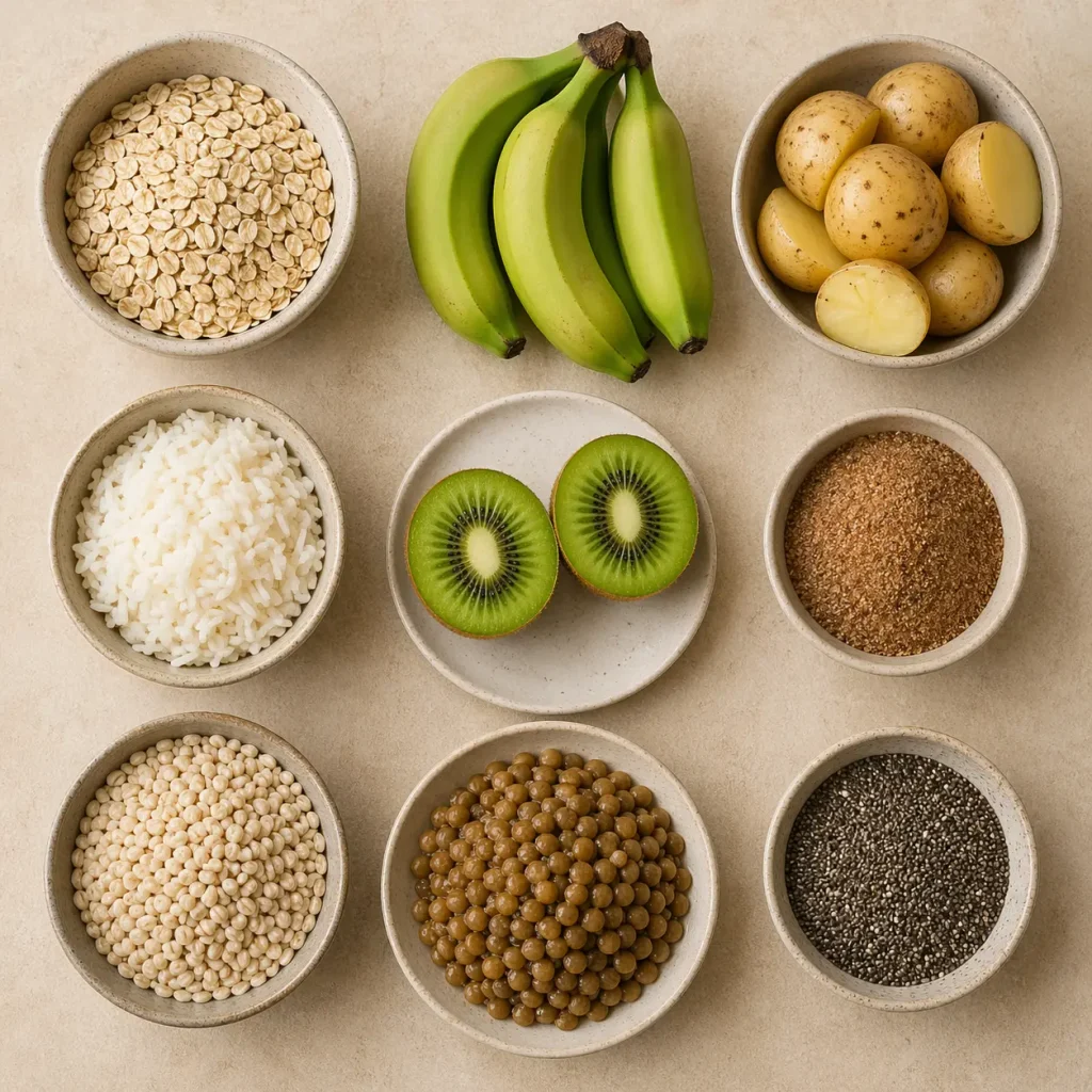 Top alimente bogate în prebiotice — ovăz, banane verzi, orez, kiwi, in, linte și chia