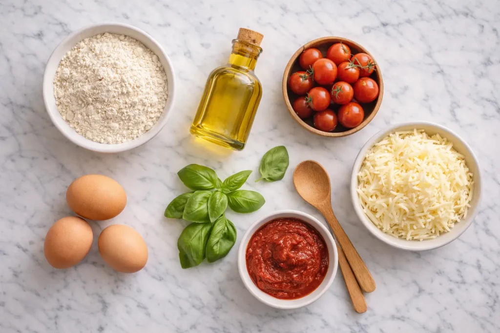 Ingrediente proaspete pentru pizza fără gluten FODMAP pe masă de marmură