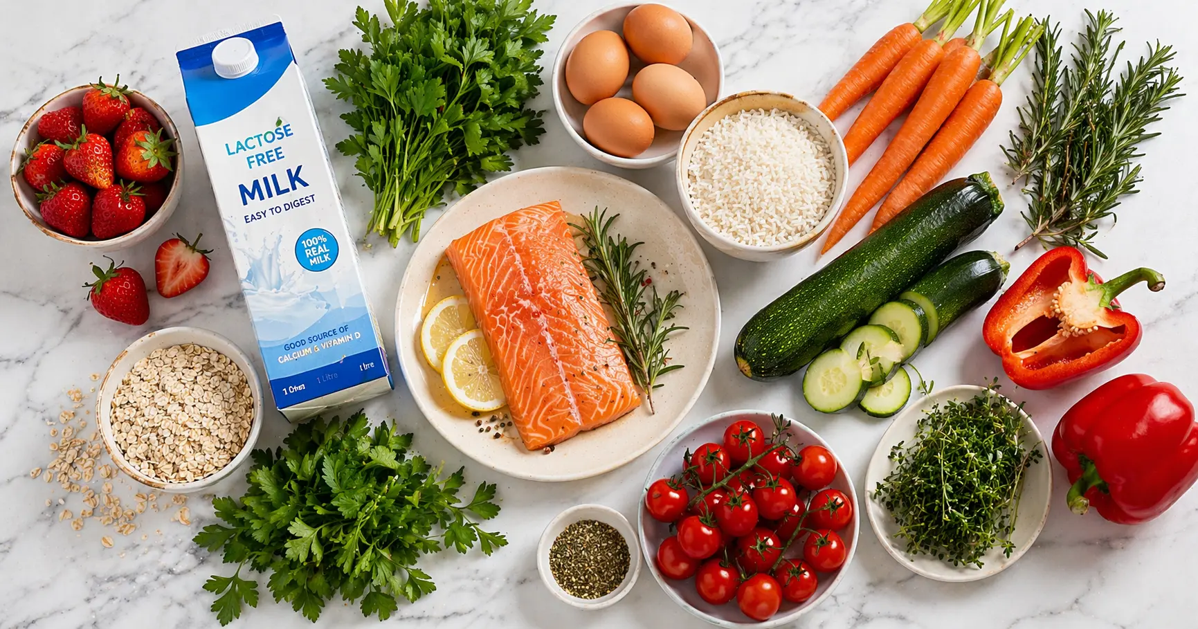 Ingrediente pentru rețete FODMAP — somon, ouă, orez, morcovi și legume permise în dieta pentru colon iritabil