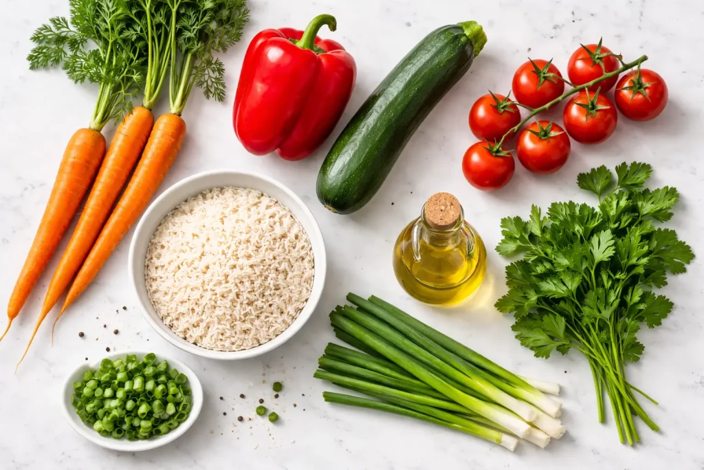 Ingrediente pentru orez cu legume FODMAP — 
morcovi ardei gras dovlecei și orez permise în 
dieta pentru colon iritabil