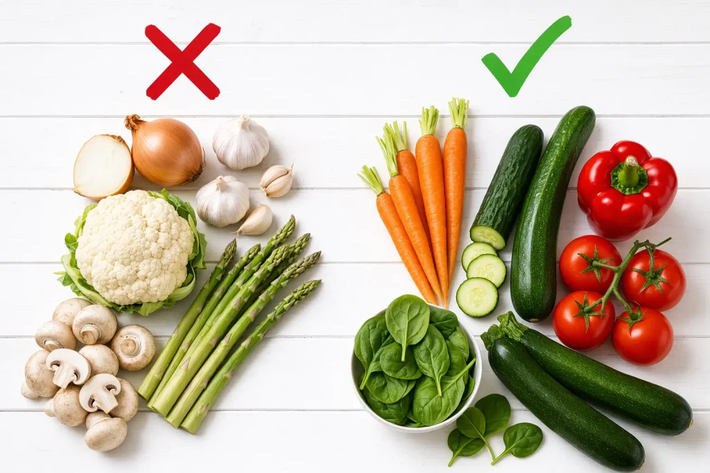 Legume interzise și permise în dieta FODMAP — 
ceapă, usturoi și ciuperci de evitat versus morcovi și ardei gras