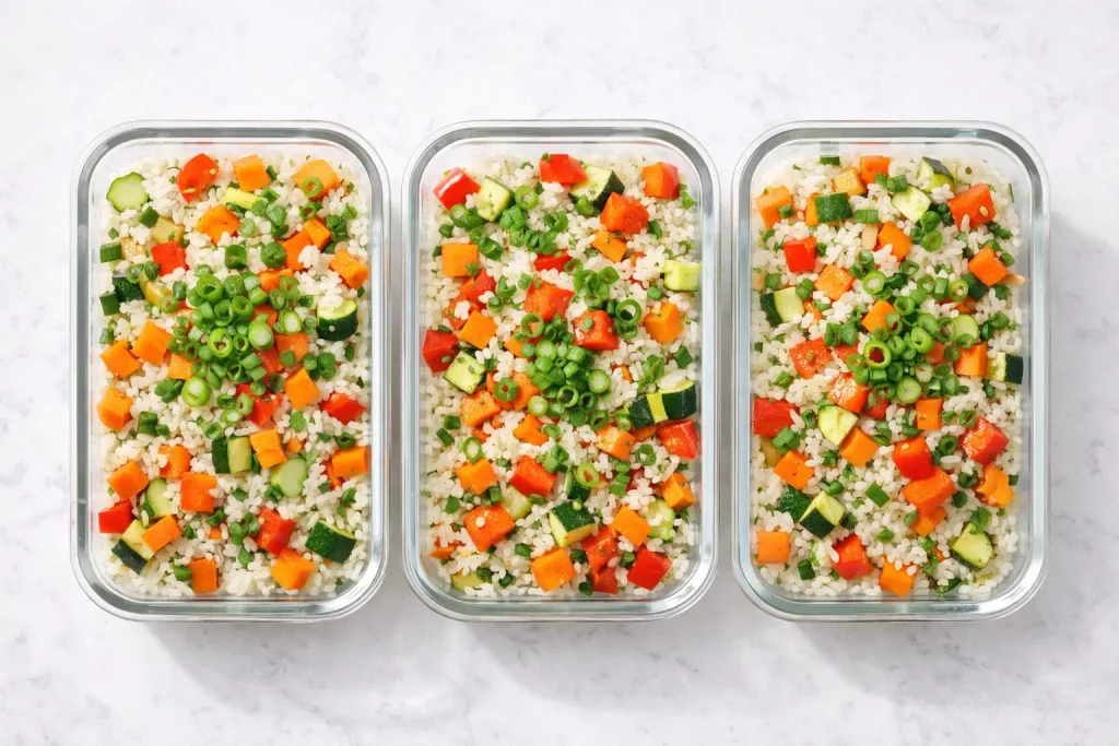 Meal prep orez cu legume FODMAP pentru 
o săptămână — porții pregătite în avans pentru 
dieta de colon iritabil