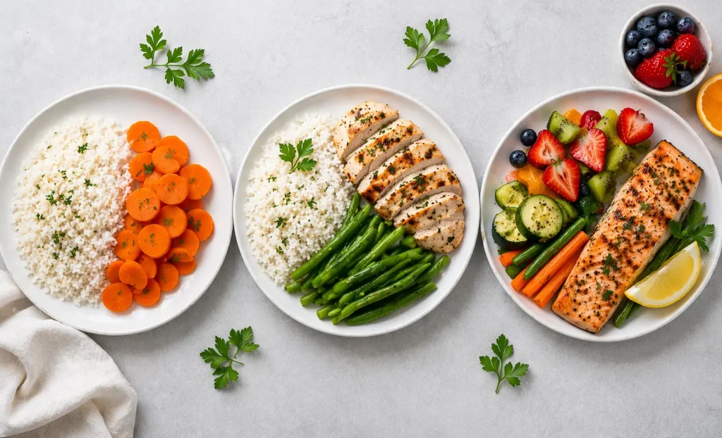 Cele 3 faze ale dietei FODMAP — eliminare, reintroducere 
și personalizare ilustrate prin farfurii cu mâncare