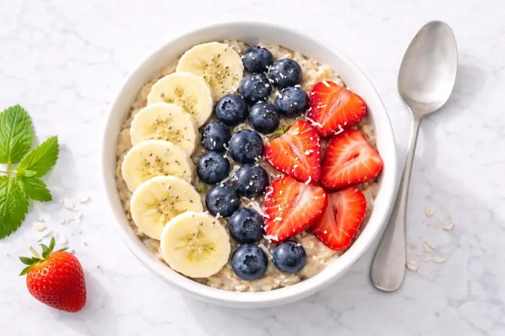 Mic dejun FODMAP cu banană — terci de ovăz 
cu banană ușor verde și fructe de pădure permise 
în dieta pentru colon iritabil