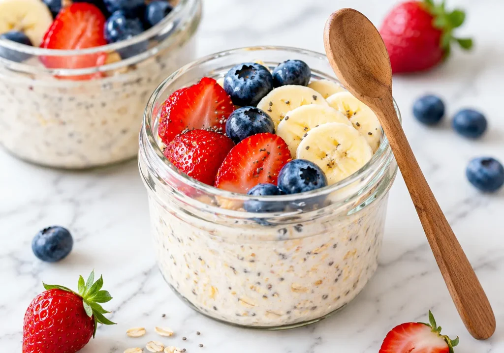 Overnight oats FODMAP în borcan — mic dejun 
pregătit din seara precedentă cu lapte fără lactoză 
și fructe de pădure