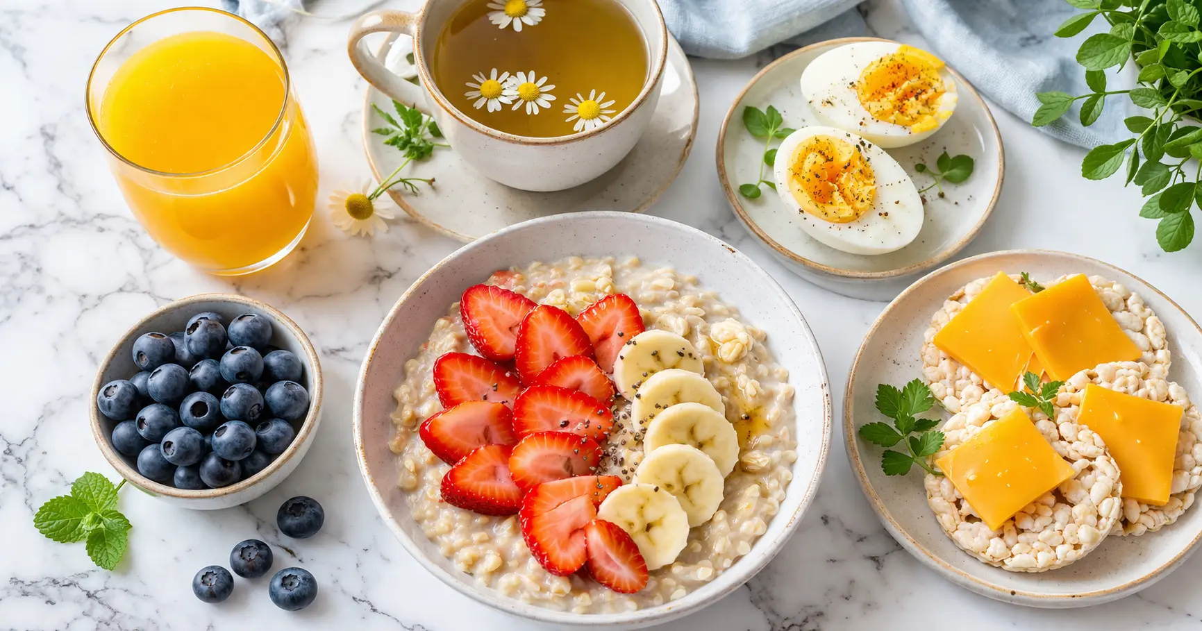 Mic dejun FODMAP complet — terci de ovăz cu căpșuni, ouă fierte și biscuiți de orez pentru persoanele cu colon iritabil