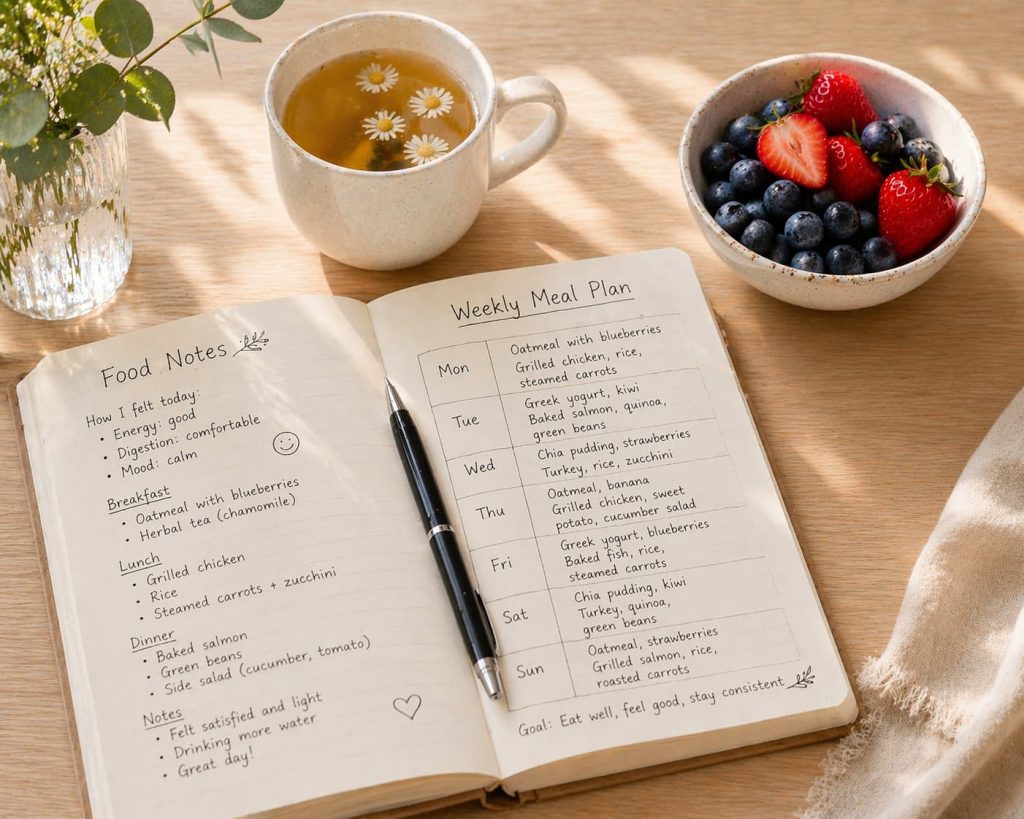 Jurnal alimentar FODMAP cu plan săptămânal de mese, 
ceai de mușețel și fructe de pădure permise