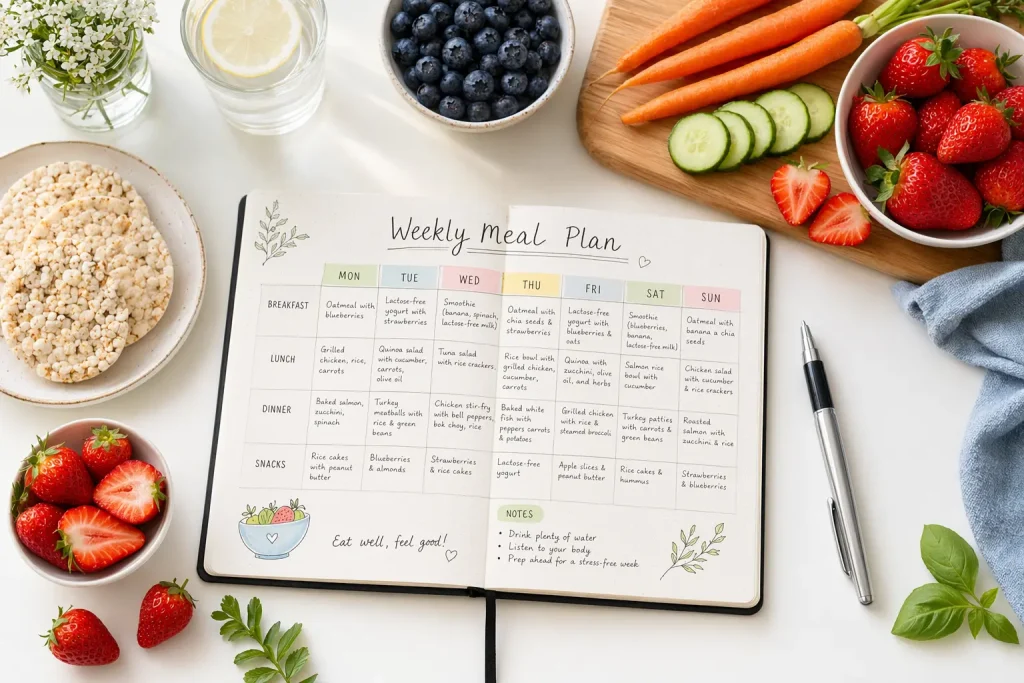 Planificator de meniu săptămânal pentru 
regim colon iritabil cu alimente FODMAP permise
