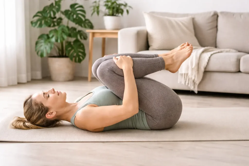 Exerciții yoga pentru balonare — poziția 
vântului pentru eliminarea gazelor și reducerea 
disconfortului abdominal