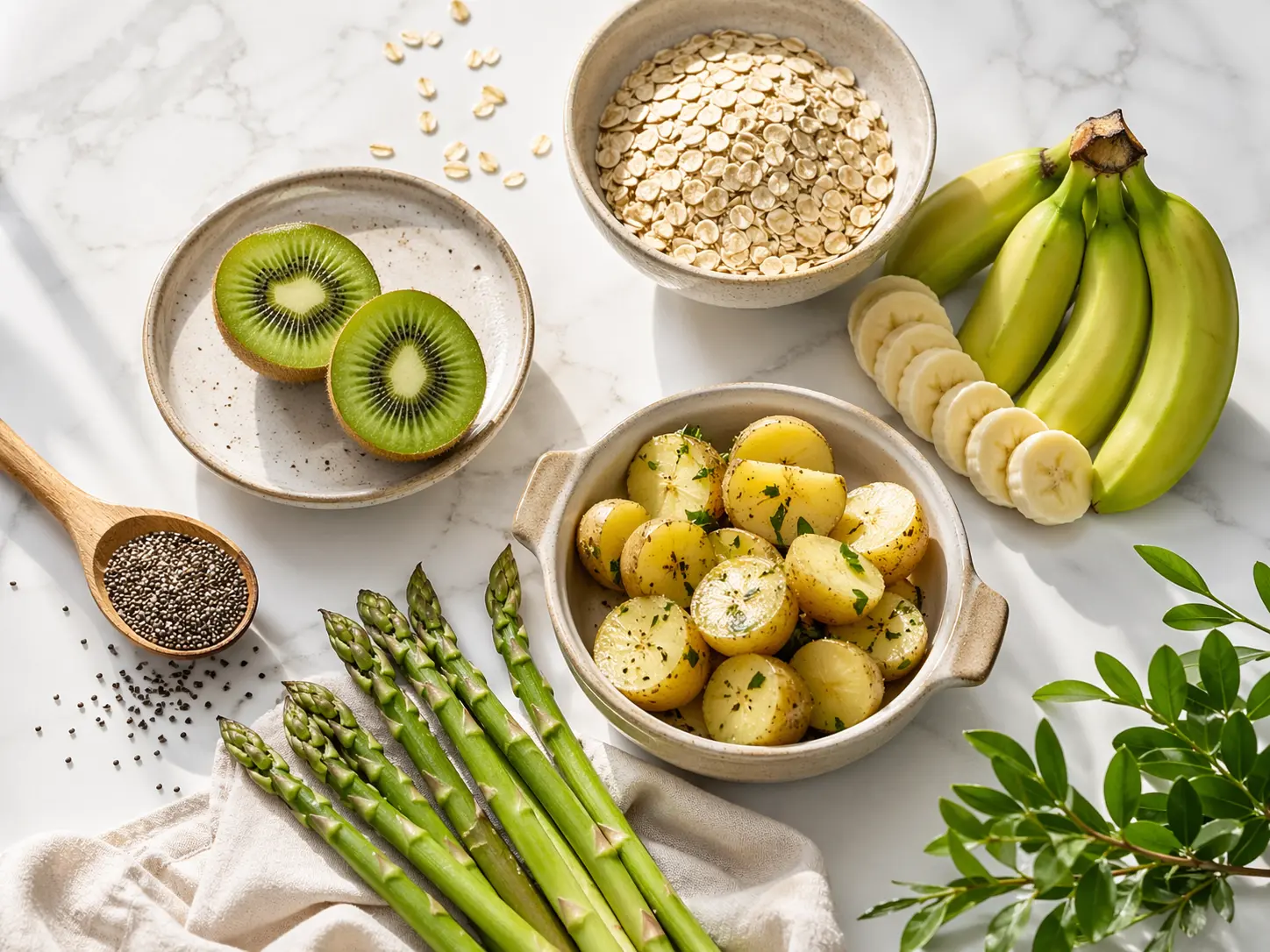 Prebiotice alimente — ovăz, banane verzi, cartofi, kiwi, chia și sparanghel pentru digestie