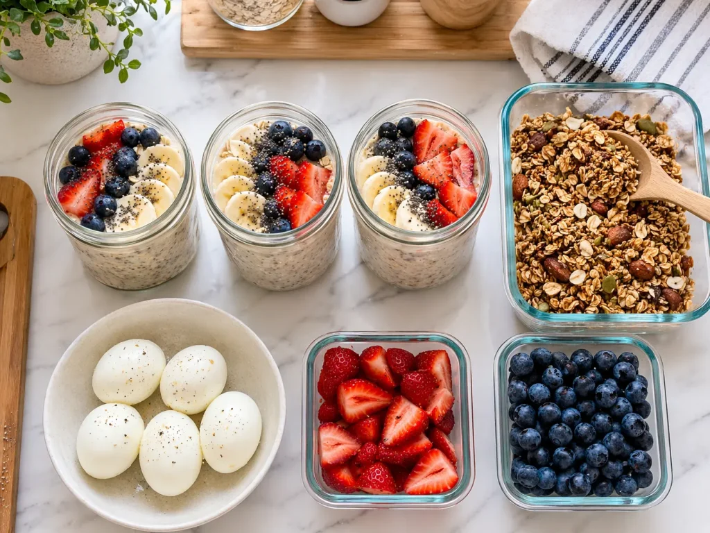 Meal prep mic dejun FODMAP pentru o săptămână — 
overnight oats granola și fructe porționate în avans