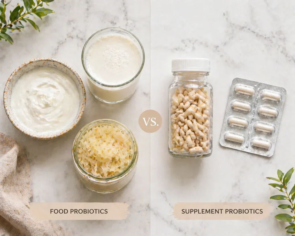 Probiotice naturale versus capsule — comparație vizuală a surselor
