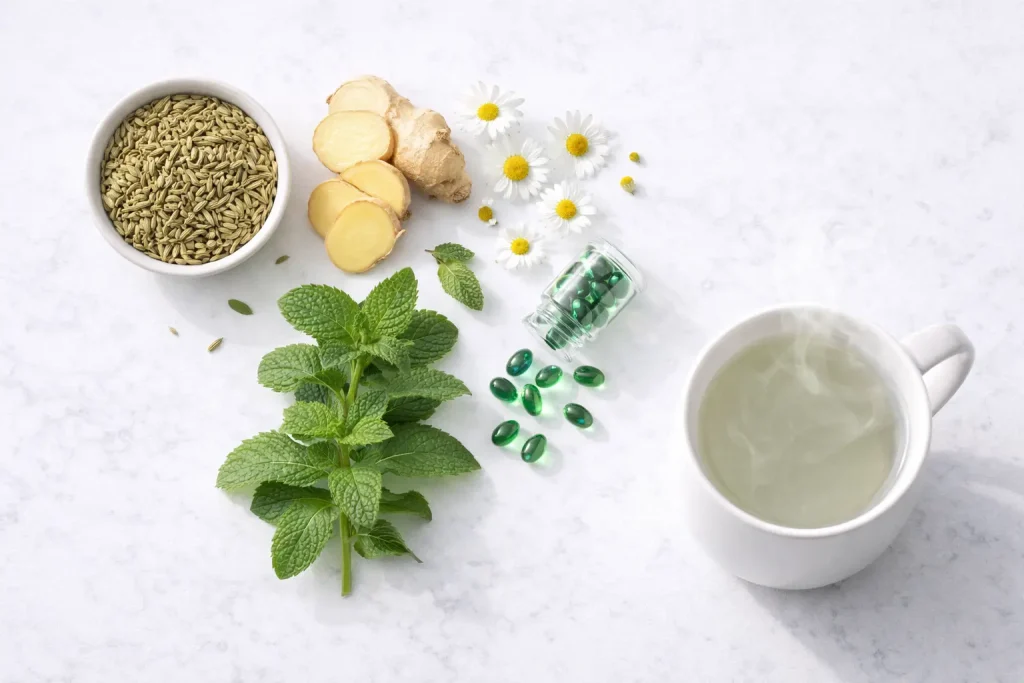 Remedii naturale pentru balonare — fenicul 
ghimbir mușețel și mentă pentru reducerea gazelor 
intestinale