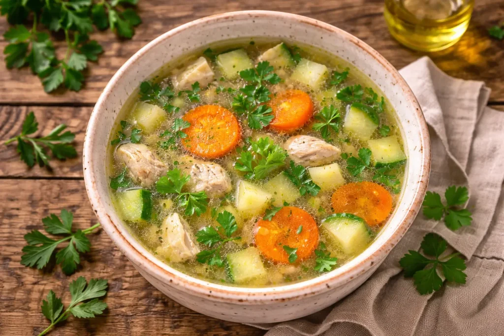 Ciorbă de pui FODMAP — rețetă tradițională 
românească fără ceapă, adaptată pentru dieta FODMAP