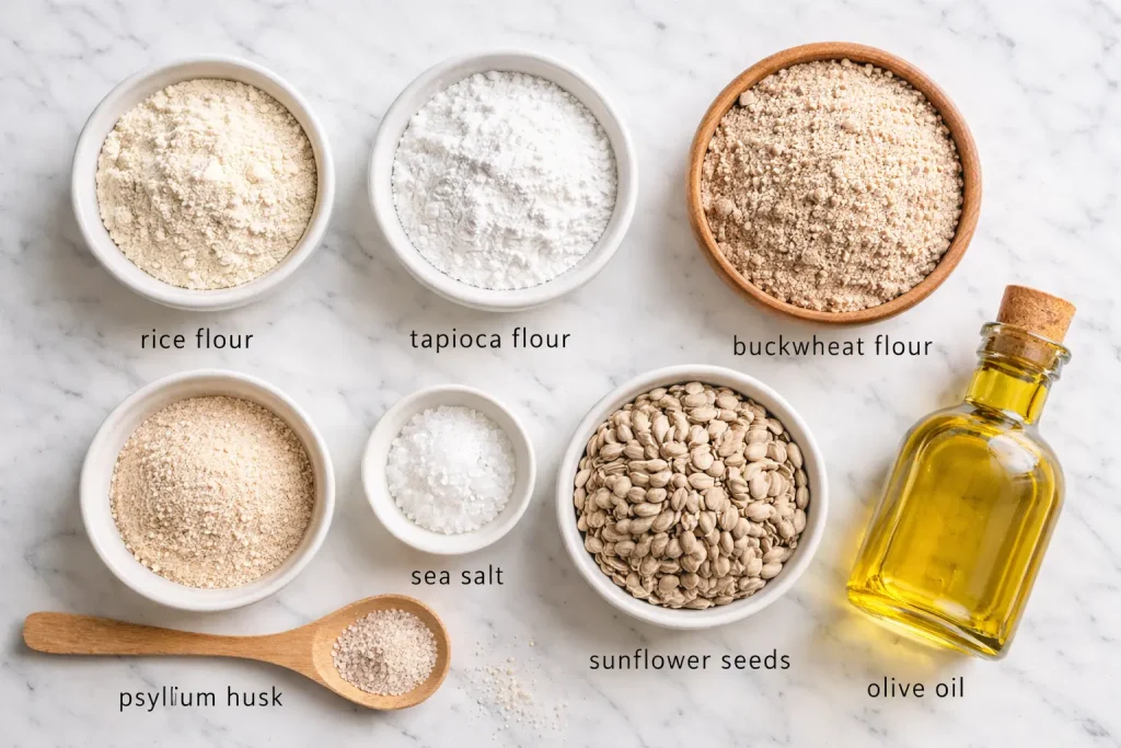 Ingrediente pentru pâine cu maia fără 
gluten — făinuri FODMAP safe din orez hrișcă 
tapioca și psyllium husk