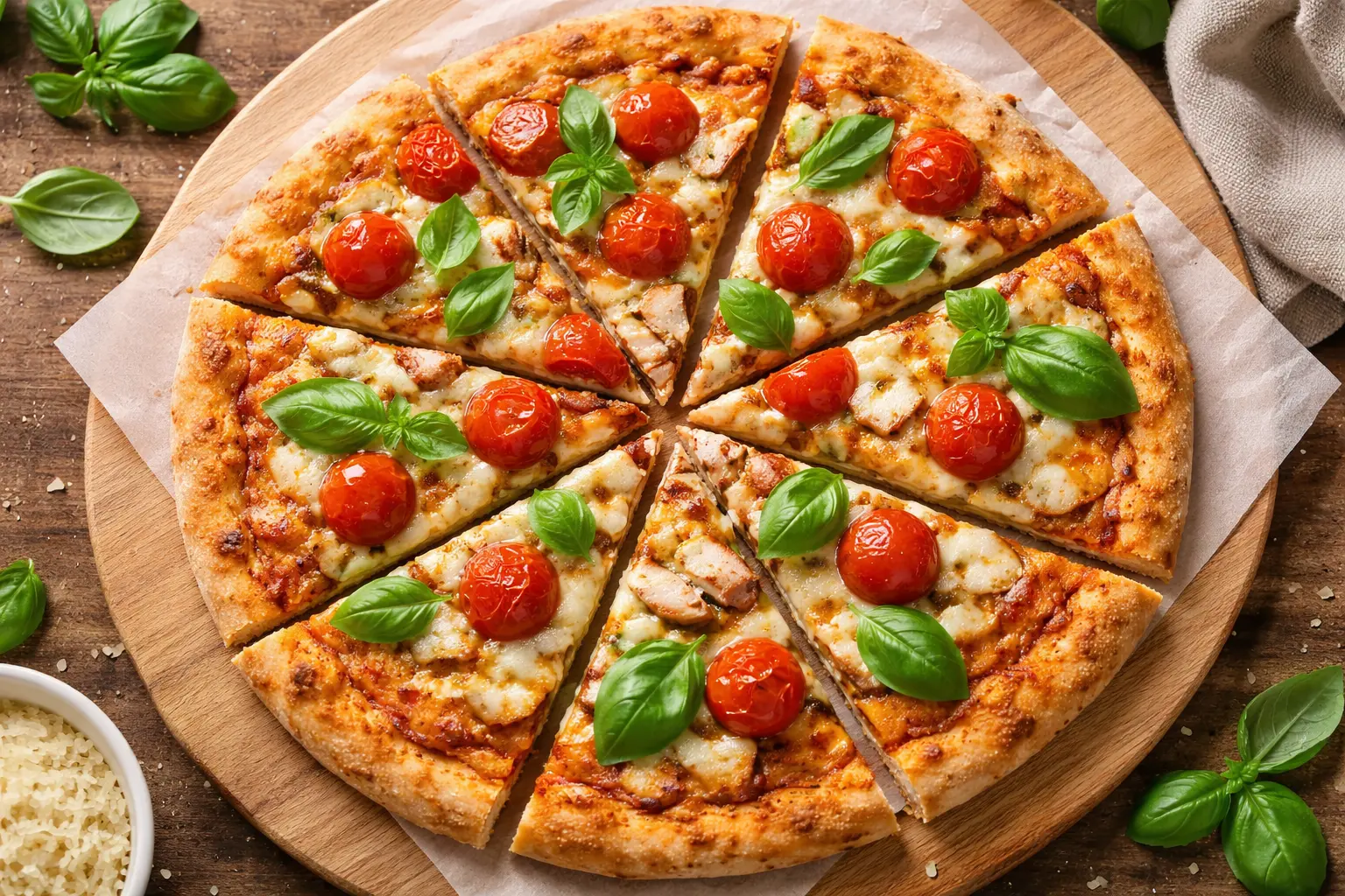 Pizza fără gluten FODMAP cu mozzarella, roșii cherry și busuioc pe tablă de lemn