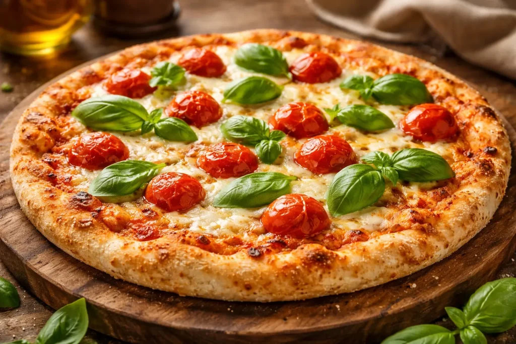 Pizza fără gluten FODMAP proaspăt coaptă cu mozzarella topită și busuioc