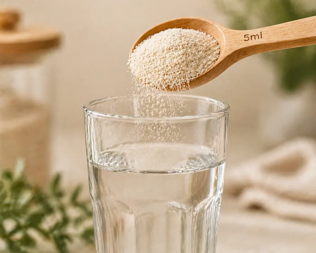 Doza corectă de psyllium — o linguriță măsurată cu pahar de apă