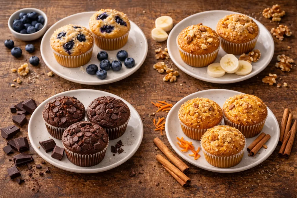 Variante de brioșe FODMAP — afine, banană-nucă, ciocolată și morcov-scorțișoară